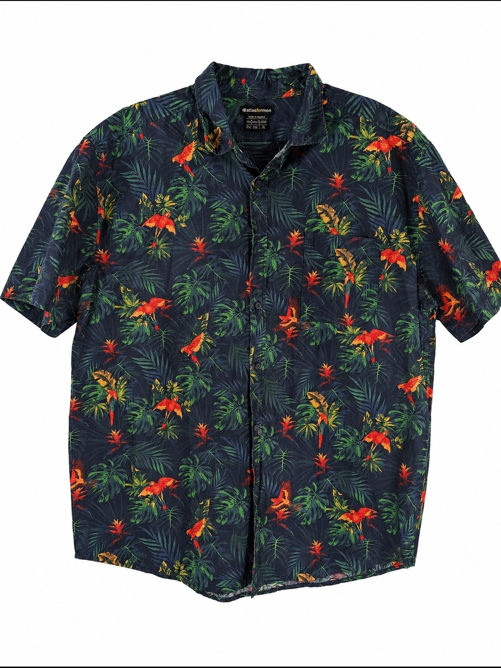 Atlas For Men Navy Blue Tropical Floral Parrot Shirt XL